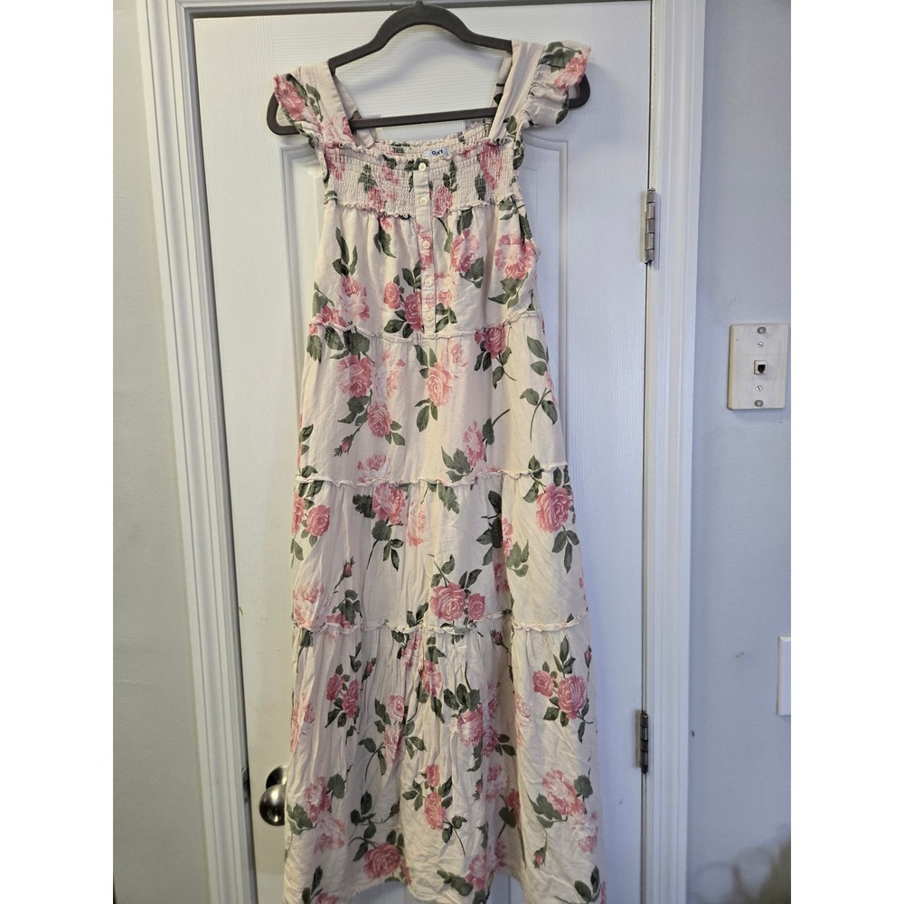 O Pink Floral Smocked Tiered Maxi‎ Dress S Ruffle Flutter Romantic Cottagecore